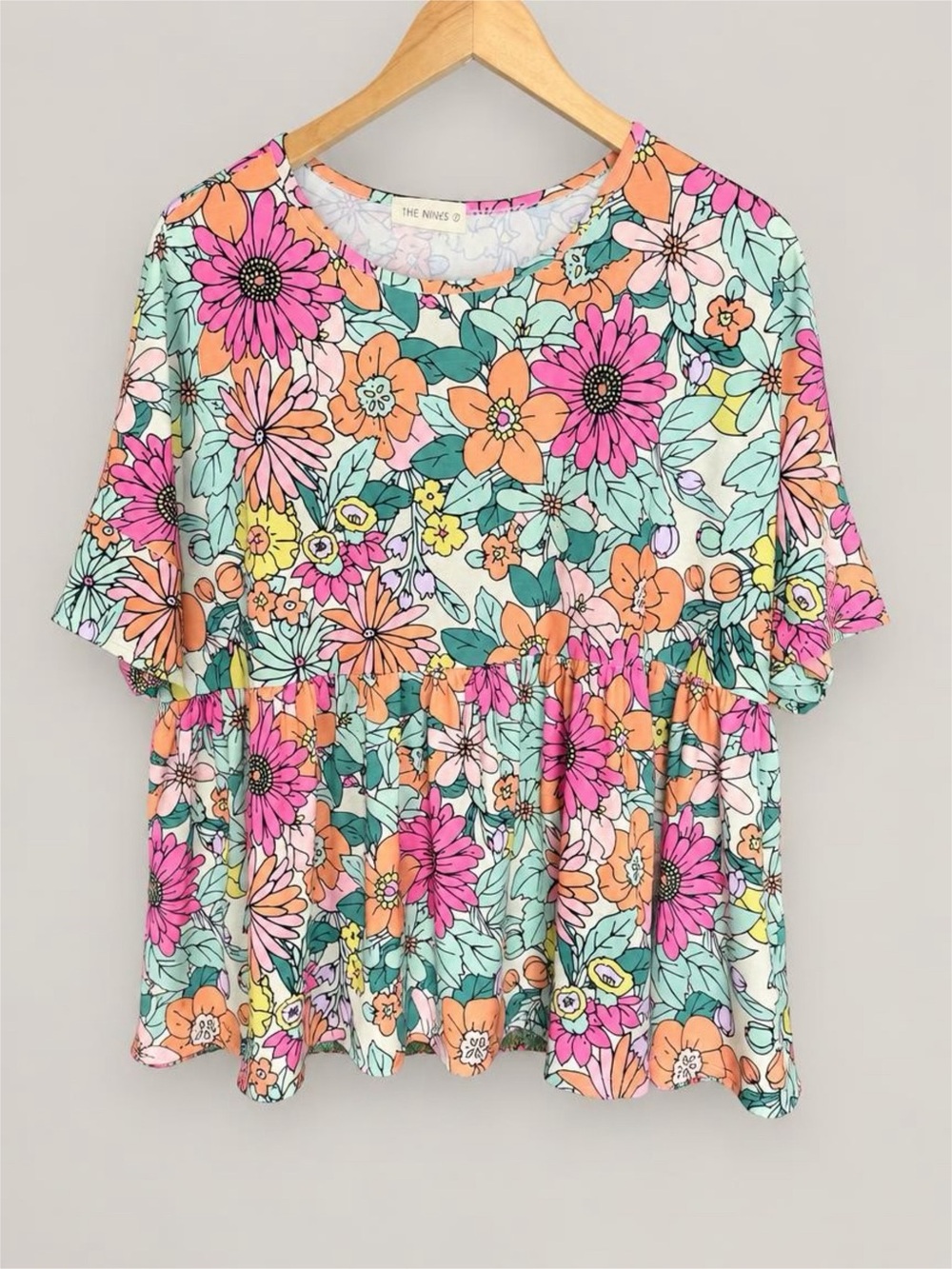 Boutique Oversized Floral Peplum Short Sleeve Top - Mint Multi - L